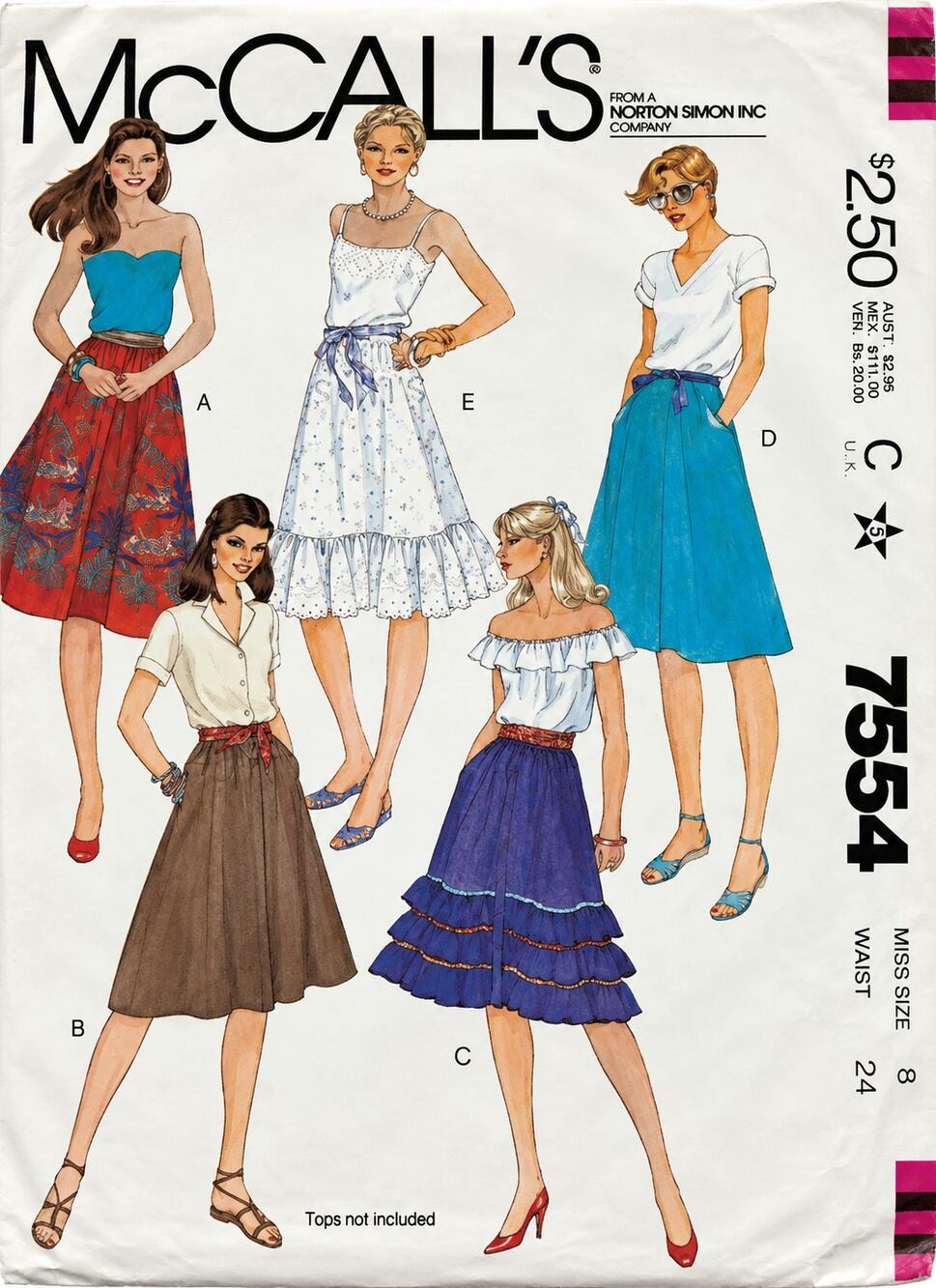 7554 Vintage McCalls SEWING Pattern Misses 1980s Flared Ruffled Skirts UNCUT
